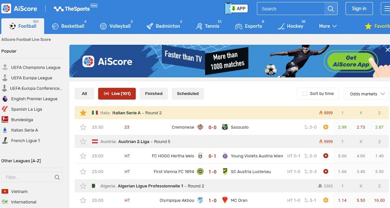 Aiscore là ứng dụng theo dõi bóng đá quốc tế